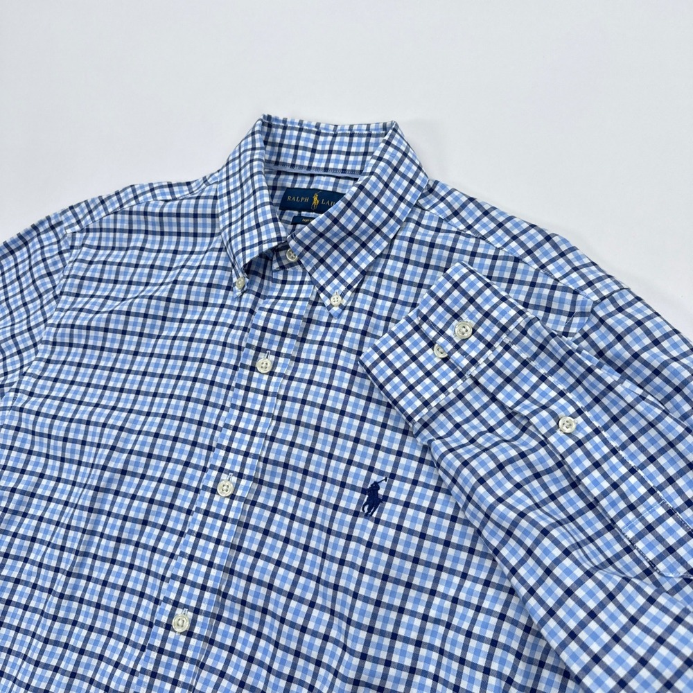 Ralph Lauren Shirt‎ Mens Medium Blue Gingham Button Down Non Iron Preppy Classic